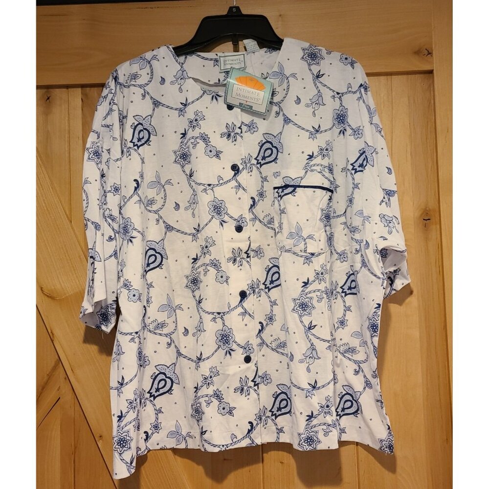 New! Vtg Intimate Moments Sleepwear Shirt Womens Size 26/28 Floral Jacobean Blue